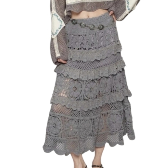 POL Dresses & Skirts - POL Gray Crocheted Ruffle Midi Skirt Size One Size NWOT